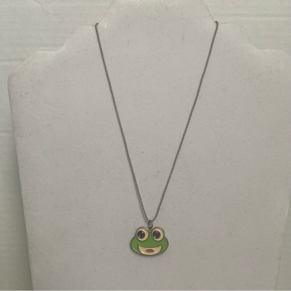 BF stamped silver tone enamel frog pendant necklace. Used.